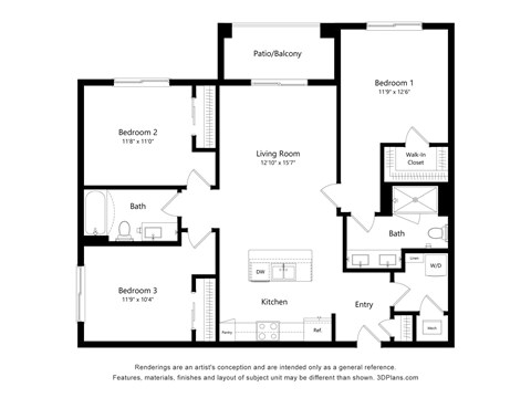 Floor plan for 3 beds, 2 baths, 1332 sqft